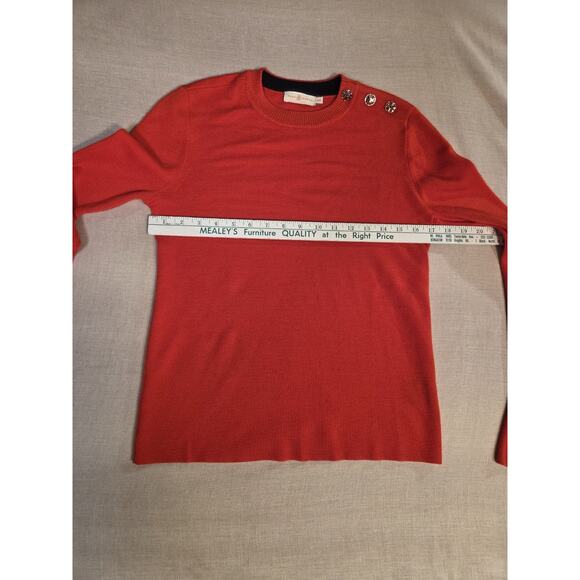 Tory Burch 100% Merino Wool Jewel Button Red Sweater Bell Sleeve Women's M - Picture 7 of 11